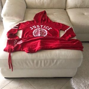Used red justice sweatsuit, and black pants